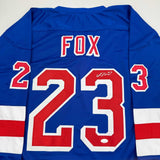 Autographed/Signed Adam Fox New York Blue Hockey Jersey JSA COA