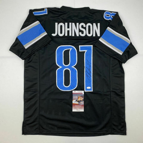 Autographed/Signed CALVIN JOHNSON Detroit Black Football Jersey JSA COA Auto