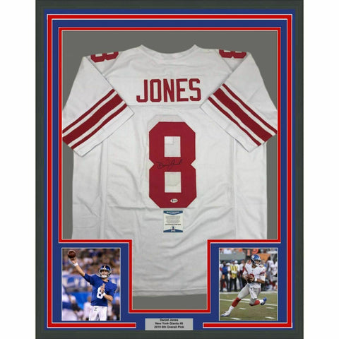 FRAMED Autographed/Signed DANIEL JONES 33x42 New York White Jersey Beckett COA