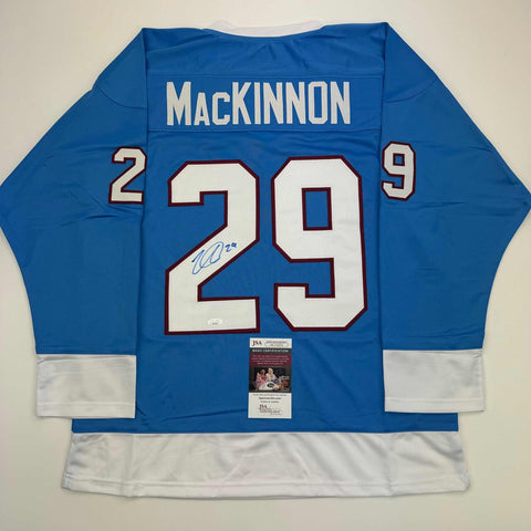 Autographed/Signed Nathan MacKinnon Colorado Blue Hockey Jersey JSA COA