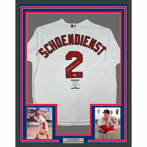 FRAMED Autographed/Signed RED SCHOENDIENST 33x42 St. Louis White Jersey BAS COA