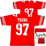 49ERS BRYANT YOUNG AUTOGRAPHED SIGNED RED JERSEY "HOF 22" BECKETT WITNESS 218751