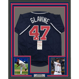 FRAMED Autographed/Signed TOM GLAVINE 33x42 Atlanta Blue Baseball Jersey JSA COA