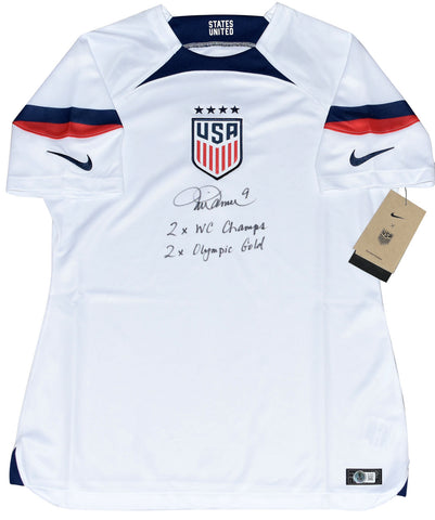 MIA HAMM SIGNED USWNT TEAM USA WOMEN'S NIKE SOCCER JERSEY W/ 2x OLYMPIC GOLD