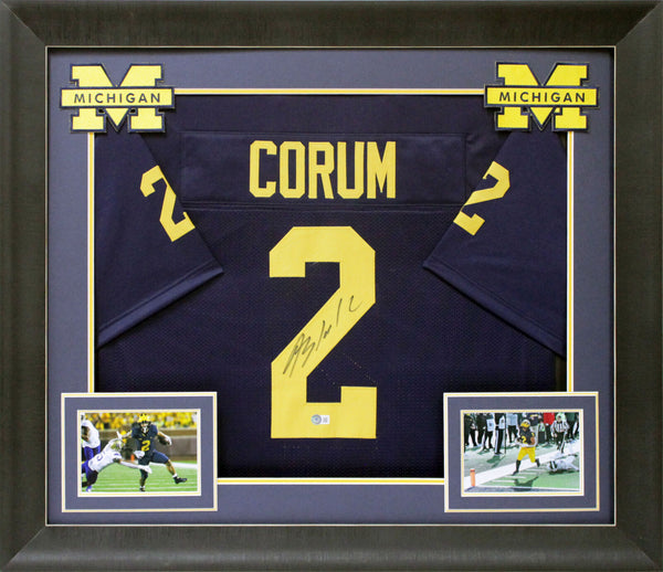 Michigan Blake Corum Signed Navy Blue Pro Style Framed Jersey BAS Witnessed