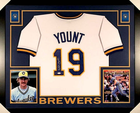 Robin Yount Signed Milwaukee Brewers 35x43 Custom Framed Jersey (JSA COA)