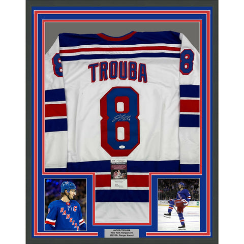 Framed Autographed/Signed Jacob Trouba 35x39 New York White Jersey JSA COA