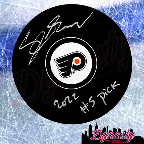 Cutter Gauthier Philadelphia Flyers Autographed Signed 2022 #5 Pick Puck JSA PSA