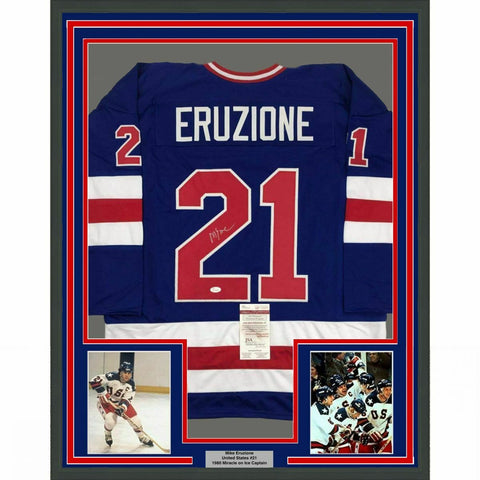 FRAMED Autographed/Signed MIKE ERUZIONE 33x42 Blue USA Hockey Jersey JSA COA