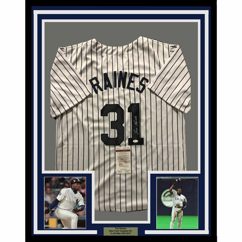 FRAMED Autographed/Signed TIM RAINES 33x42 New York Pinstripe Jersey JSA COA