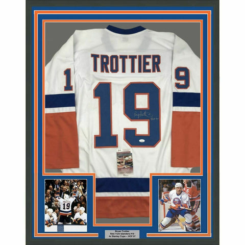 FRAMED Autographed/Signed BRYAN TROTTIER HOF 97 33x42 NY White Jersey JSA COA