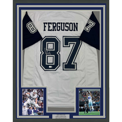 Framed Autographed/Signed Jake Ferguson 35x39 Dallas White CR Jersey Beckett COA