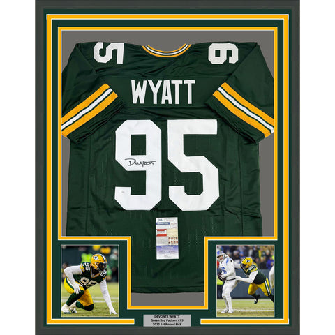 Framed Autographed/Signed Devonte Wyatt 35x39 Green Bay Green Jersey JSA COA