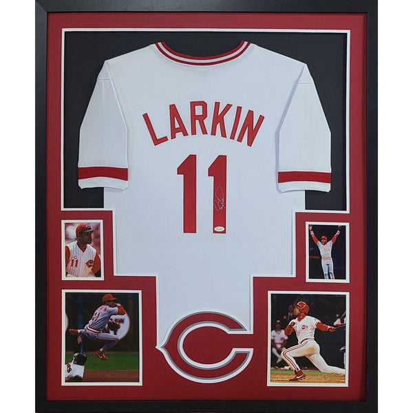 Barry Larkin Autographed Signed Framed White Cincinnati Reds Jersey JSA