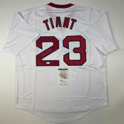 Autographed/Signed Luis Tiant Boston Red Sox White Baseball Jersey JSA COA