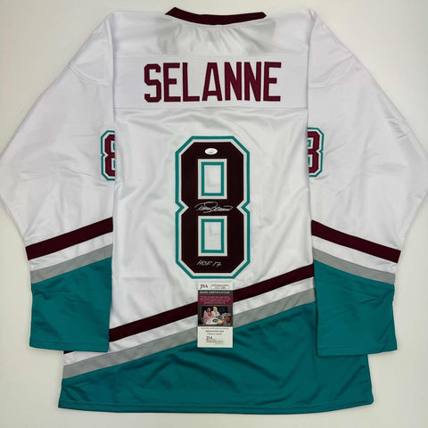 Autographed/Signed Teemu Selanne HOF Anaheim White Retro Hockey Jersey JSA COA