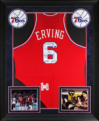 1982-83 76ers (9) Erving, Malone, Cheeks Signed Red M&N Framed Jersey Steiner