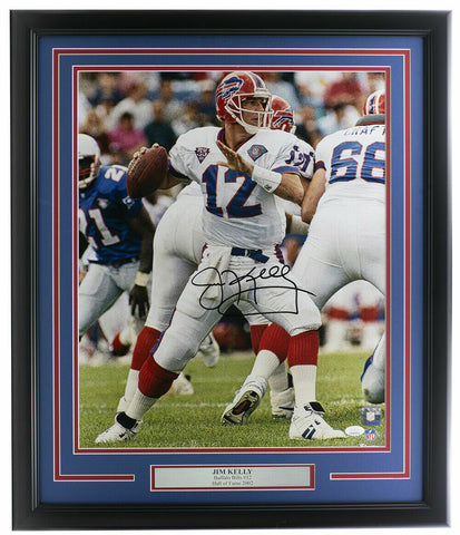 Jim Kelly Signed Framed Buffalo Bills 16x20 Football Photo JSA ITP