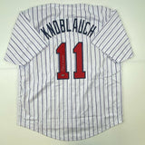 Autographed/Signed Chuck Knoblauch Minnesota Pinstripe Baseball Jersey Leaf COA