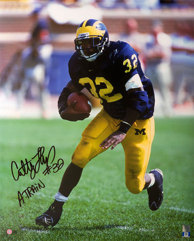 Anthony Thomas Signed Michigan Navy Jersey Action 16x20 Photo w/A-Train (SS COA)