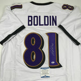 Autographed/Signed ANQUAN BOLDIN Baltimore White Football Jersey Beckett BAS COA