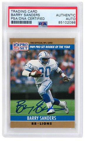 Barry Sanders Signed Lions 1990 Pro Set ROY Football Card #1 -(PSA Encapsulated)