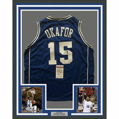 FRAMED Autographed/Signed JAHLIL OKAFOR 33x42 Duke Blue College Jersey JSA COA