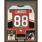 FRAMED Autographed/Signed ERIC LINDROS 33x42 Philadelphia Orange Jersey JSA COA