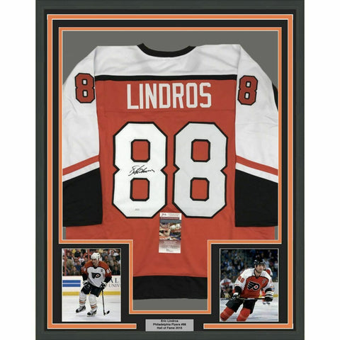 FRAMED Autographed/Signed ERIC LINDROS 33x42 Philadelphia Orange Jersey JSA COA