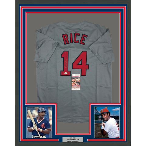 FRAMED Autographed/Signed JIM RICE 33x42 Boston Grey Baseball Jersey JSA COA