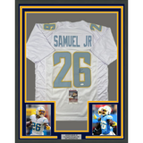 FRAMED Autographed/Signed ASANTE SAMUEL JR. 33x42 White Football Jersey JSA COA