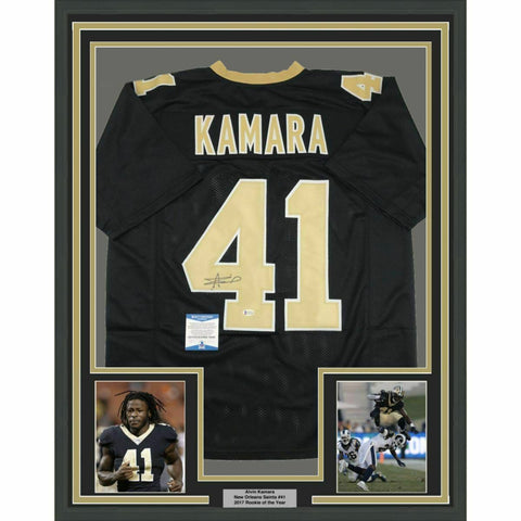 FRAMED Autographed/Signed ALVIN KAMARA 33x42 New Orleans Black Jersey BAS COA