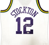 JAZZ JOHN STOCKTON AUTOGRAPHED WHITE M&N 1991-92 JERSEY L BECKETT 224339