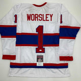 Autographed/Signed Gump Worsley Montreal White Hockey Jersey JSA COA