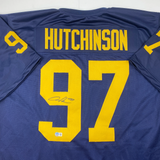 Autographed/Signed Aidan Hutchinson Michigan Blue College Jersey Beckett BAS COA