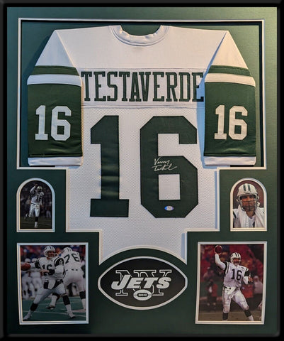 FRAMED VINNY TESTAVERDE AUTOGRAPHED SIGNED NEW YORK JETS JERSEY PSA COA