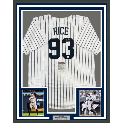 Framed Autographed/Signed Ben Rice 35x39 New York Pinstripe Jersey JSA COA