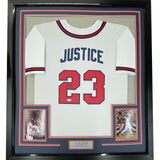 Framed Autographed/Signed David Justice 35x39 Atlanta White Jersey JSA COA