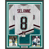 Framed Autographed/Signed Teemu Selanne Finnish Flash 35x39 White Jersey JSA COA