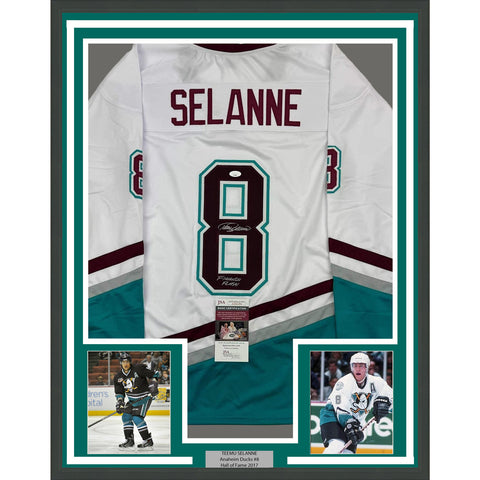 Framed Autographed/Signed Teemu Selanne Finnish Flash 35x39 White Jersey JSA COA