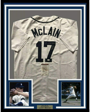 FRAMED Autographed/Signed DENNY MCLAIN 33x42 Detroit White Jersey JSA COA