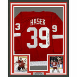 FRAMED Autographed/Signed DOMINIK HASEK HOF 19 33x42 Detroit Red Jersey JSA COA