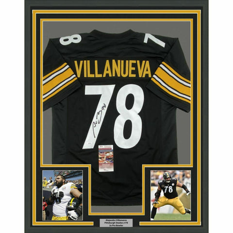 FRAMED Autographed/Signed ALEJANDRO VILLANUEVA 33x42 Pitt Black Jersey JSA COA