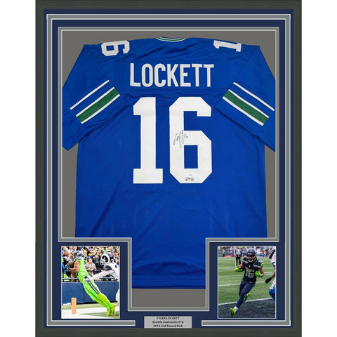 Framed Autographed/Signed Tyler Lockett 35x39 Seattle Blue Retro Jersey JSA COA