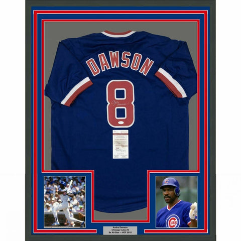 FRAMED Autographed/Signed ANDRE DAWSON 33x42 Chicago Blue Jersey JSA COA Auto