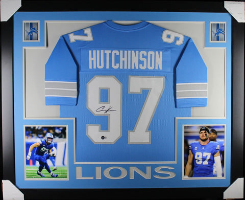 AIDEN HUTCHINSON (Lions new blue SKYLINE) Signed Autograph Framed Jersey Beckett