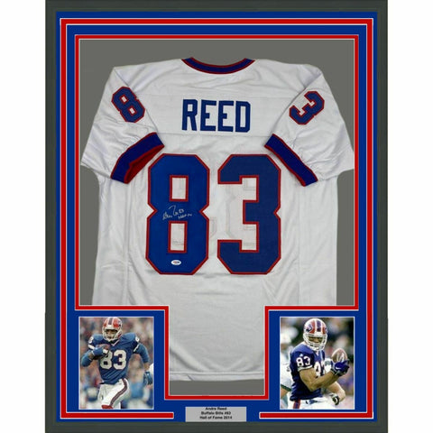 FRAMED Autographed/Signed ANDRE REED HOF 14 33x42 Buffalo White Jersey PSA COA