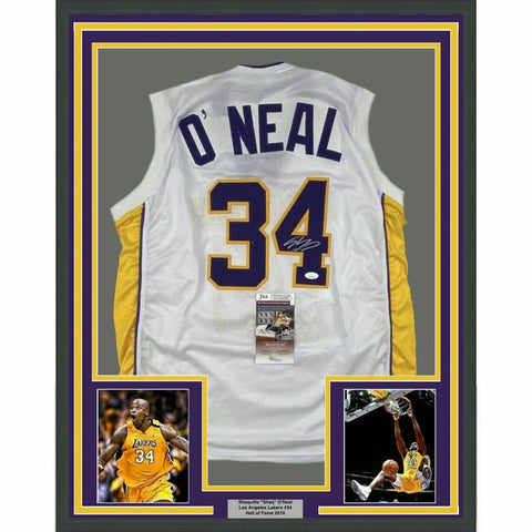 Framed Autographed/Signed SHAQUILLE SHAQ O'NEAL 33x42 LA White Jersey JSA COA