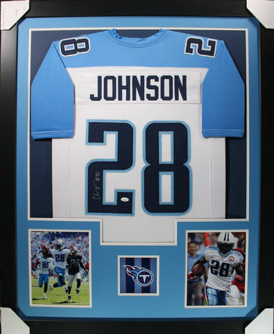 CHRIS JOHNSON (Titans white TOWER) Signed Autographed Framed Jersey JSA