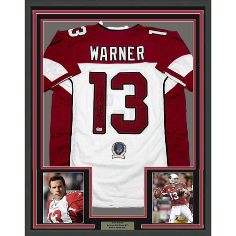 Framed Autographed/Signed Kurt Warner 35x39 Arizona White Jersey Beckett BAS COA